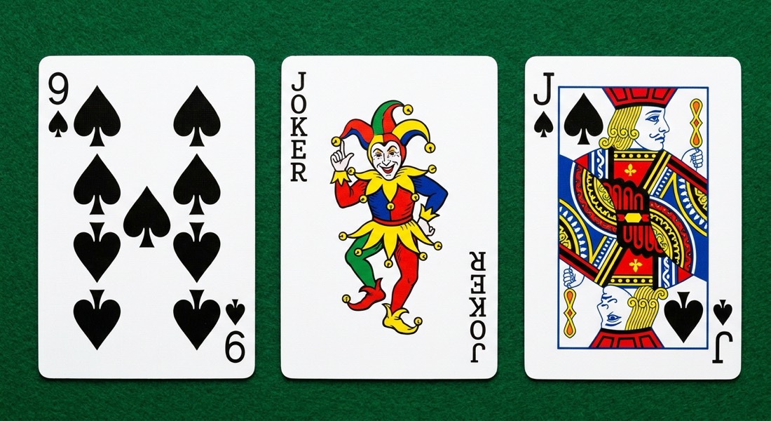 An impure sequence: 9 of spades, a joker standing in for the 10, and the Jack of spades