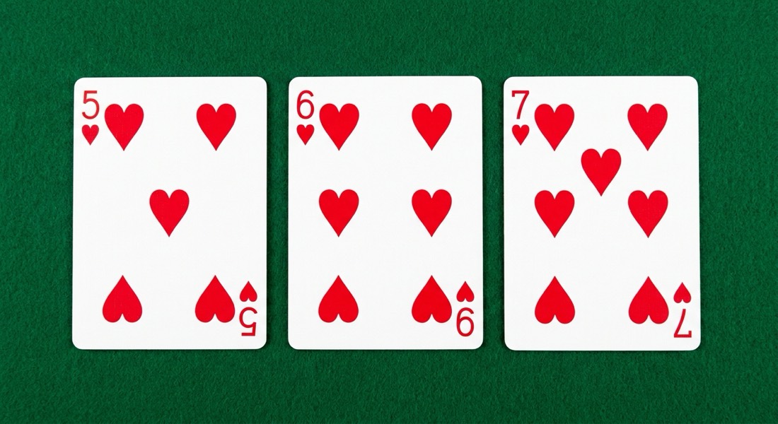 A pure sequence in rummy: the 5, 6 and 7 of hearts in order