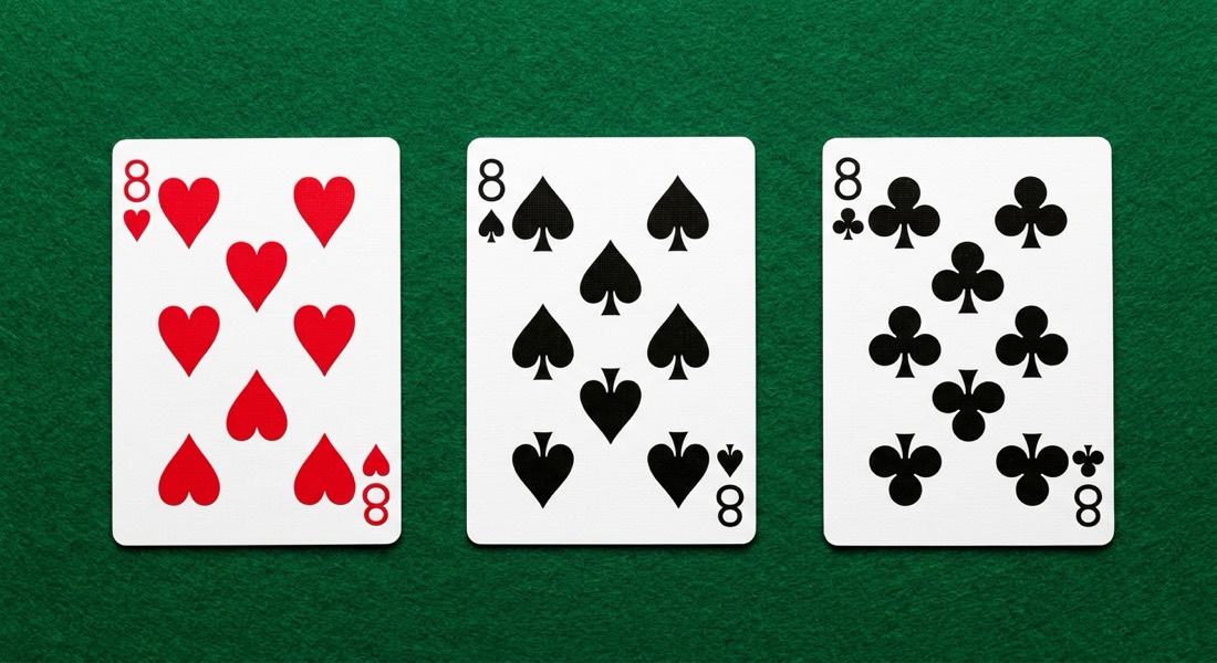 A set in rummy: the eight of hearts, eight of spades and eight of clubs