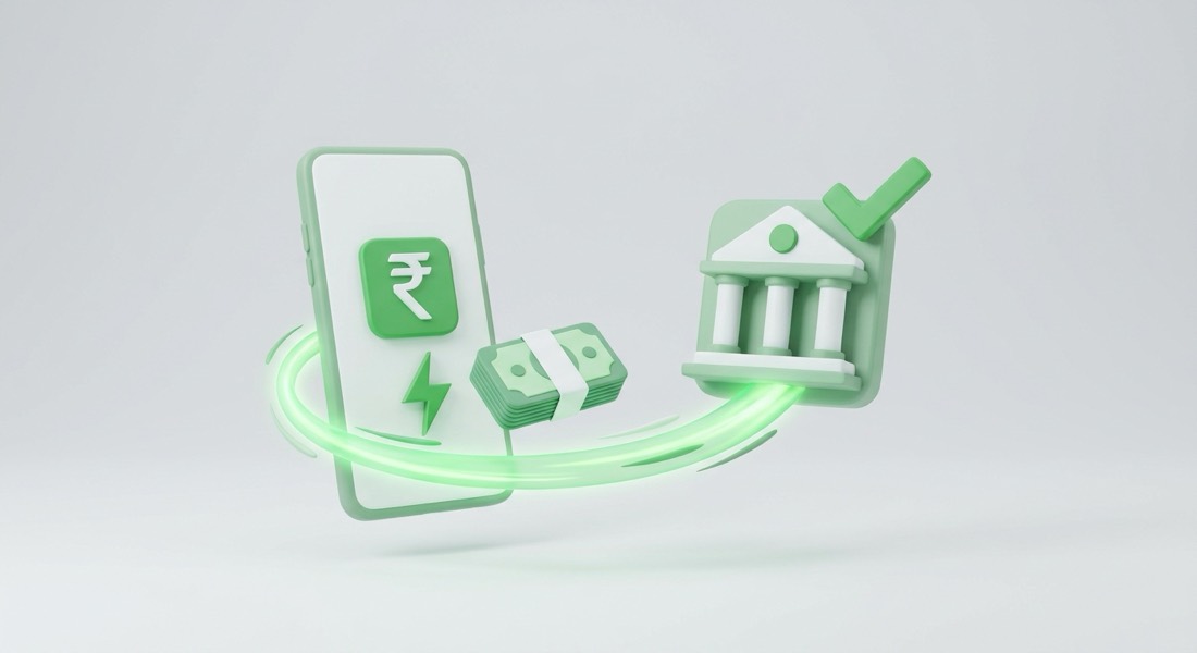 Money moving instantly from a phone to a bank account via UPI with a green success tick